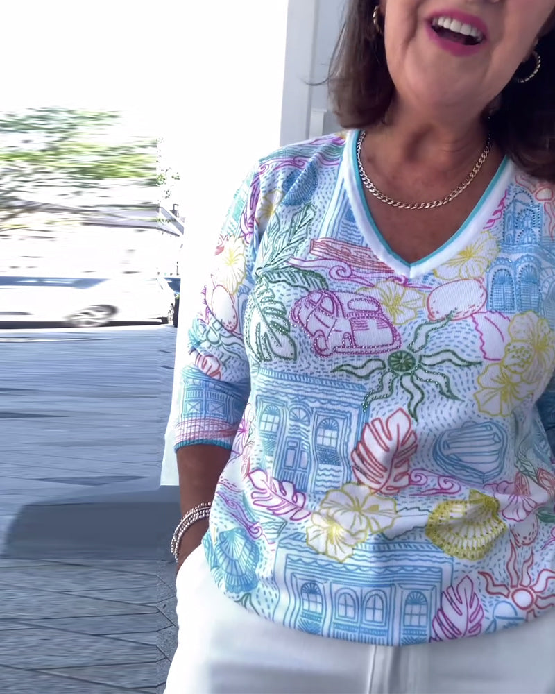 V-Neck Printed Fashion Sweater