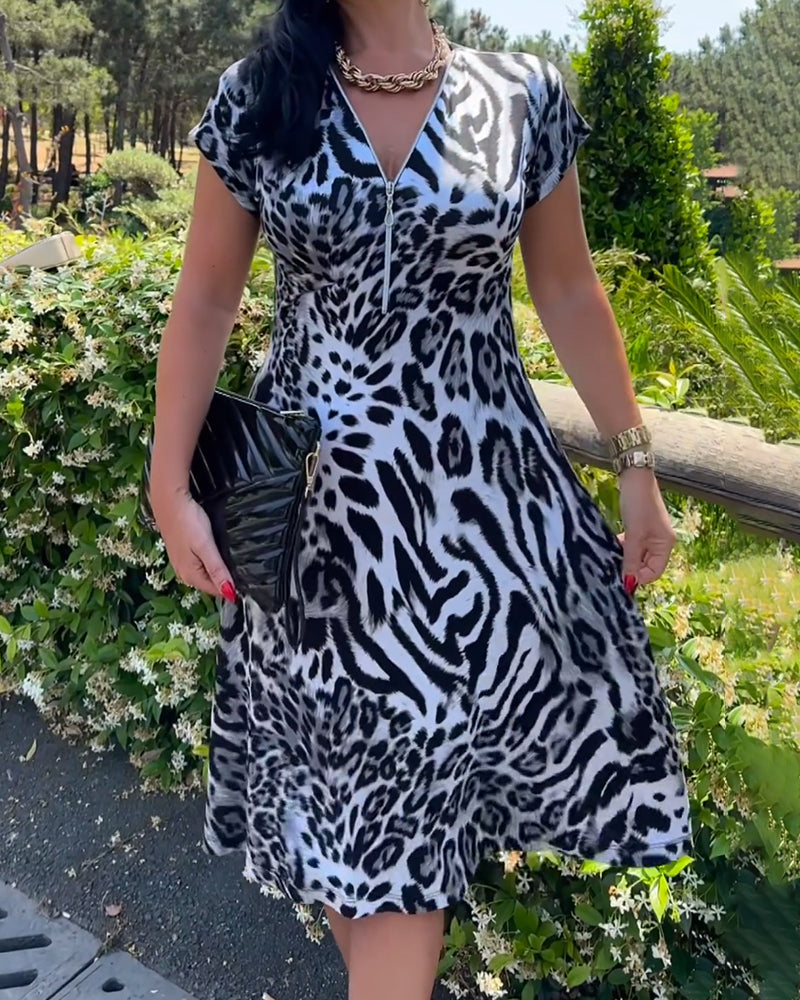 V-Neck Zip-Up Leopard Print Dress