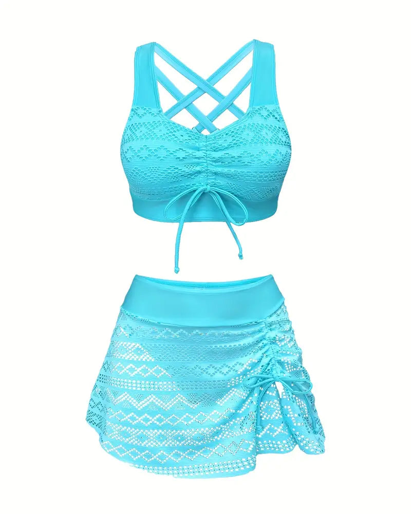 Lace Vest Tie Skirt Swimsuit