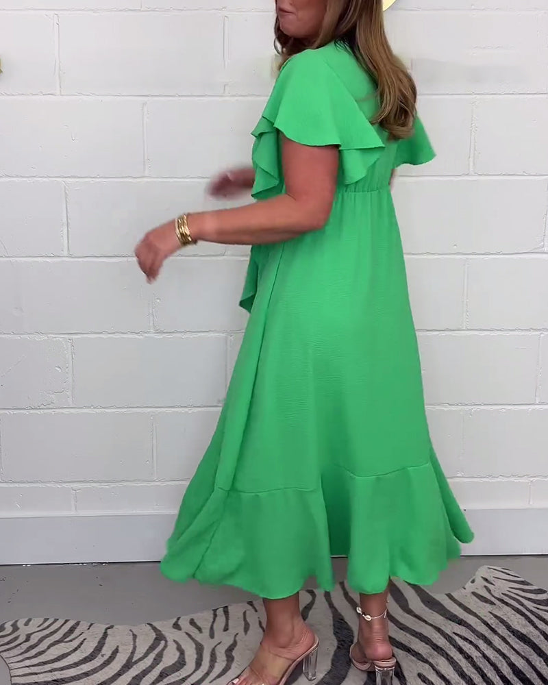 Ruffled solid color slit elegant dress