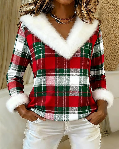 Plush V-Neck Plaid Patchwork Top