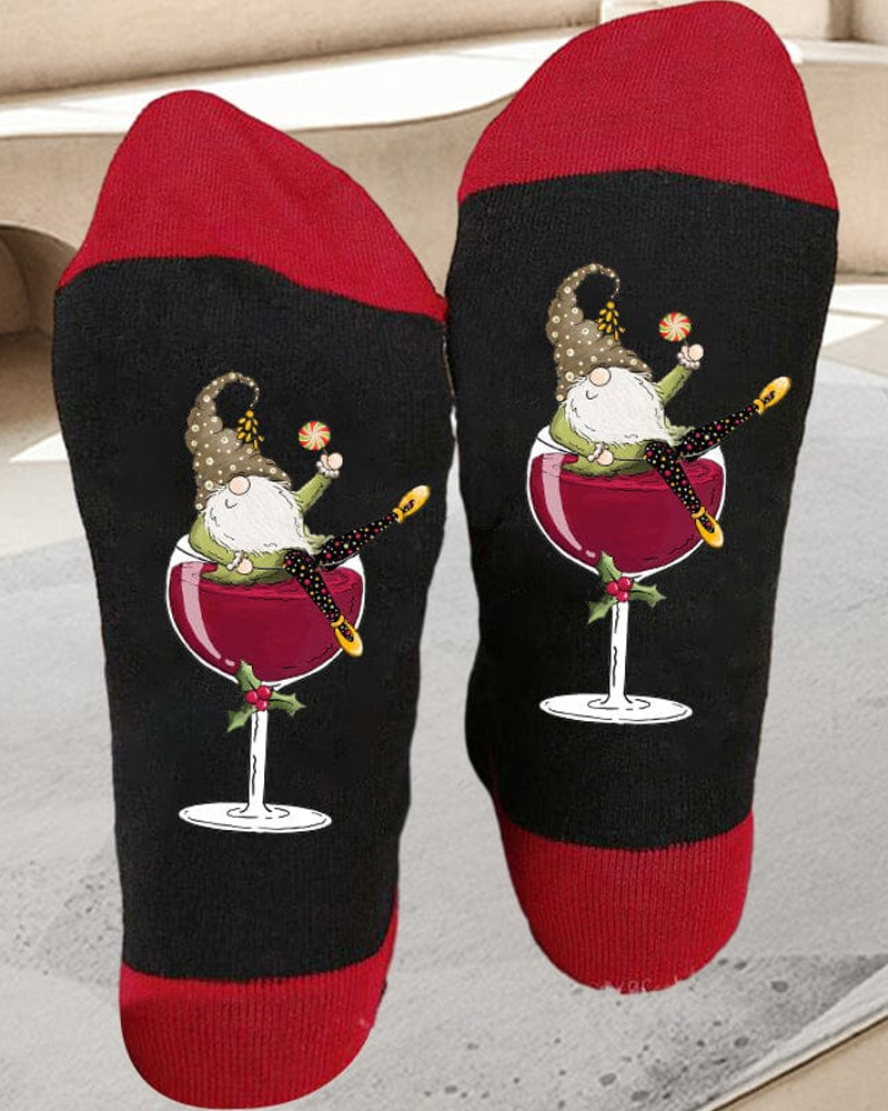 🧦Christmas gnome wine glass unisex crew socks🧦