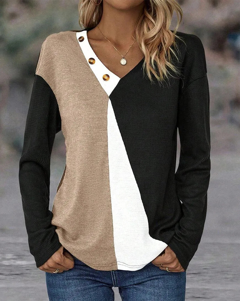 V-Neck Contrast Button Top