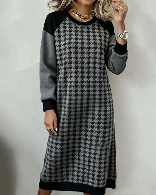 Round Neck Houndstooth Color-Block Dress