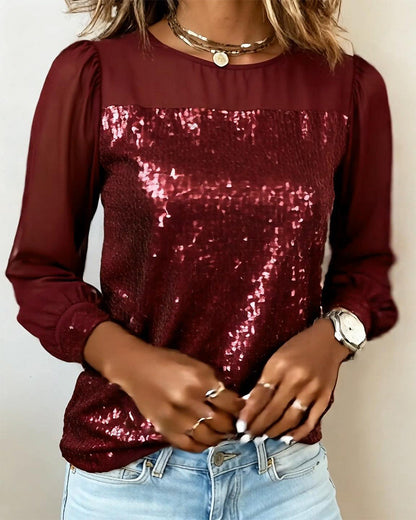 Sequin Paneled Round Neck Long Sleeve Top