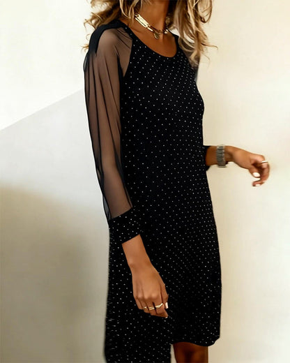 Round Neck Mesh Stitching Long Sleeve Dress