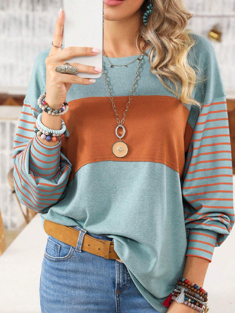 Casual striped contrast color crew neck top