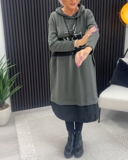 Casual color block letter print pocket hooded dress