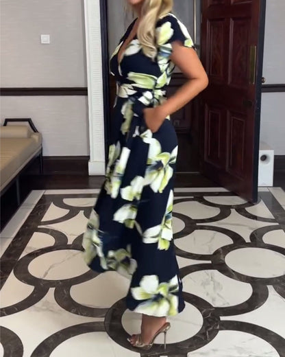 V-Neck Floral Print Waisted Short-Sleeved Dress