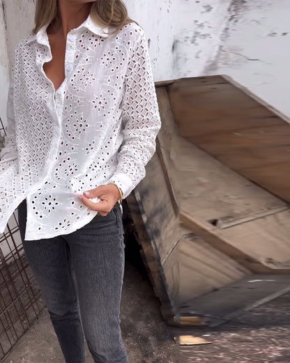 Long-Sleeved Lapel Cutout Shirt