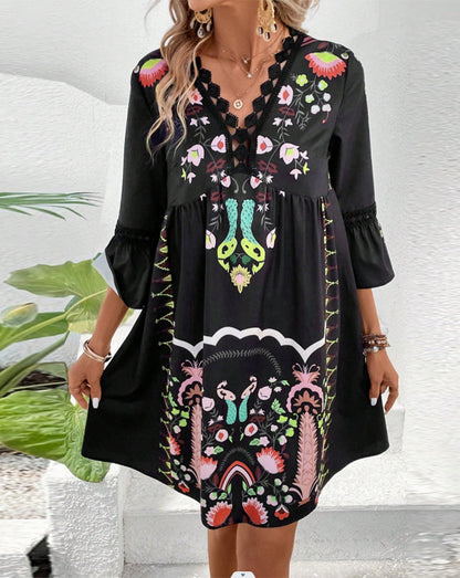 V-neck Lace Stitching Casual Versatile Printed Dress