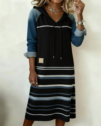 Hooded Striped Color Block Dress