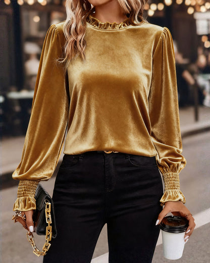 Ruffled Velvet Long Sleeve Top