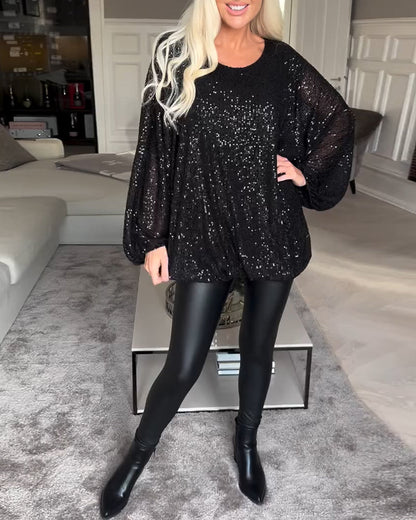 Balloon sleeve round neck sequin top
