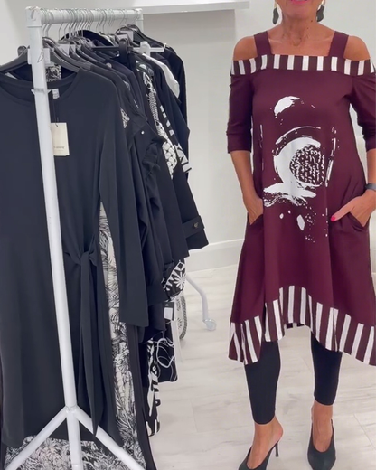 Off-Shoulder Irregular Loose Print Dress