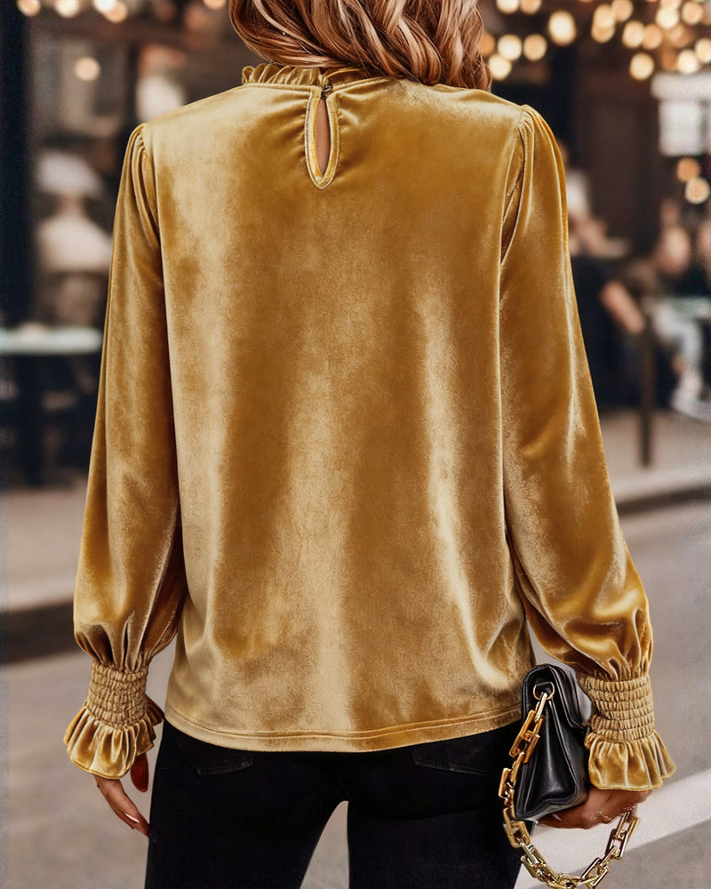 Ruffled Velvet Long Sleeve Top