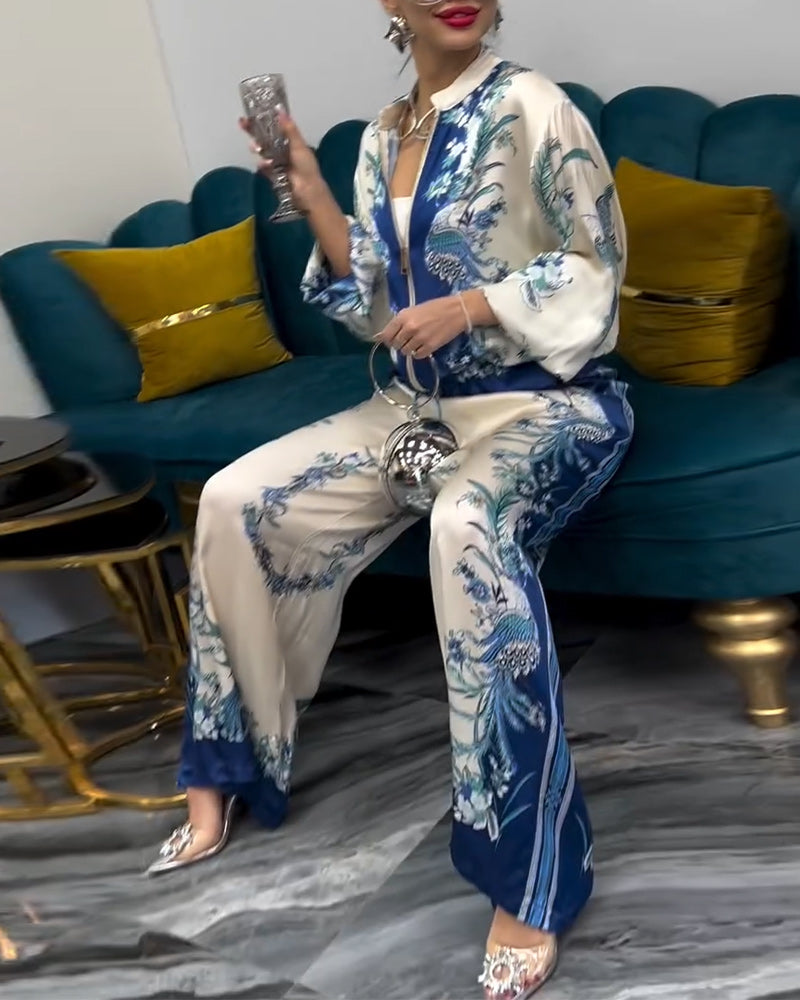 Temperament Stand Collar Zipper Wide Leg Suit