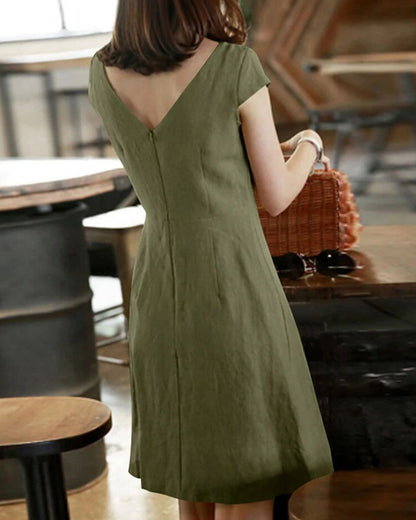 Cotton and linen solid color  short-sleeved dress