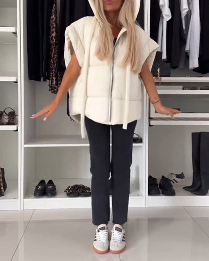 Hooded solid color zipper short sleeve padded jackets