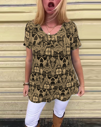 Casual Retro Crew Neck Printed T-Shirt