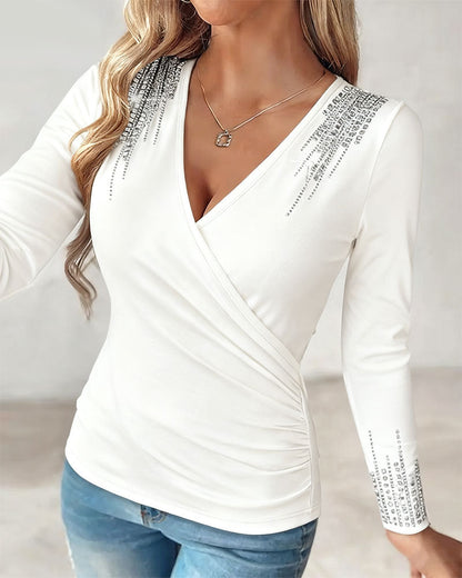 Fashionable V-Neck Diamond Long Sleeve Top