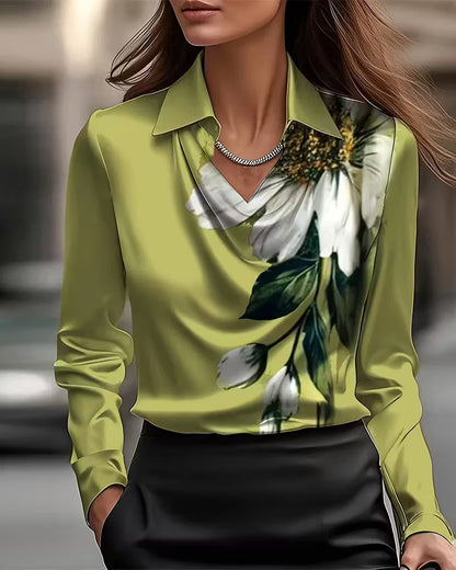 Lapel Straight Shoulder Printed Blouse