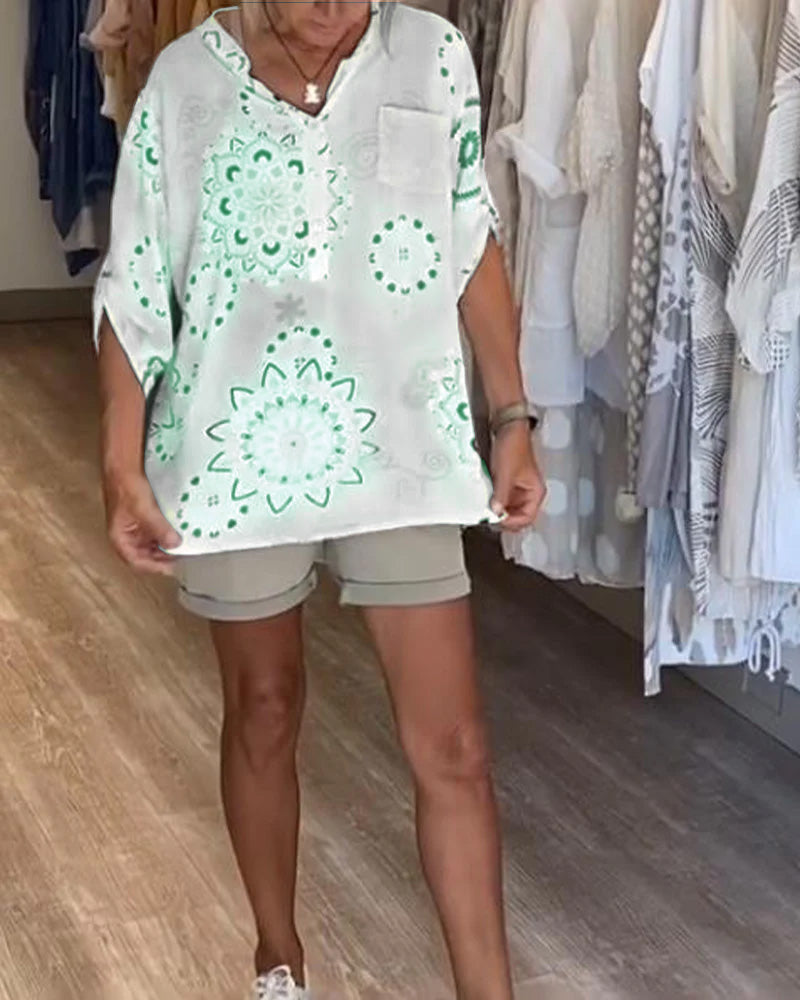 Versatile V-Neck Printed Half Sleeves Blouse