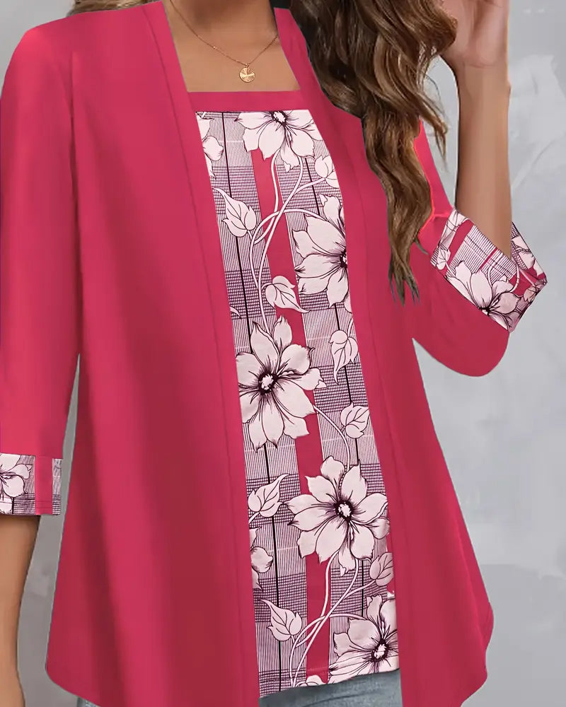 Printed Fake Two-Piece Long-Sleeved Top