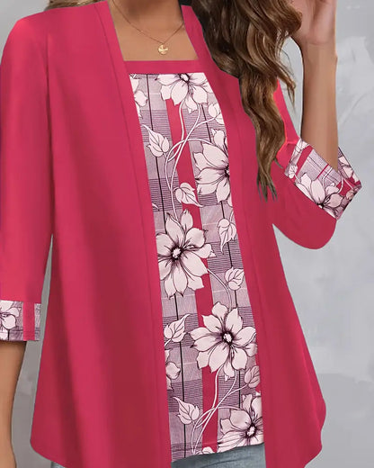 Printed Fake Two-Piece Long-Sleeved Top