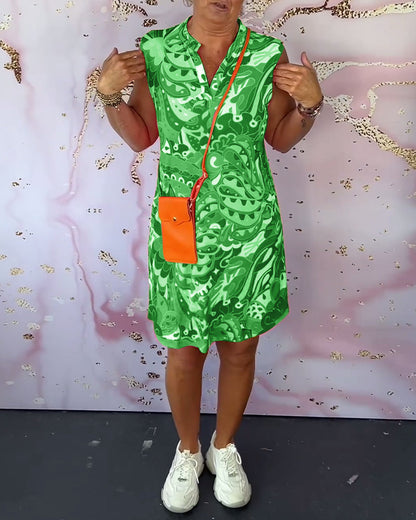 Printed sleeveless V-neck elegant dress