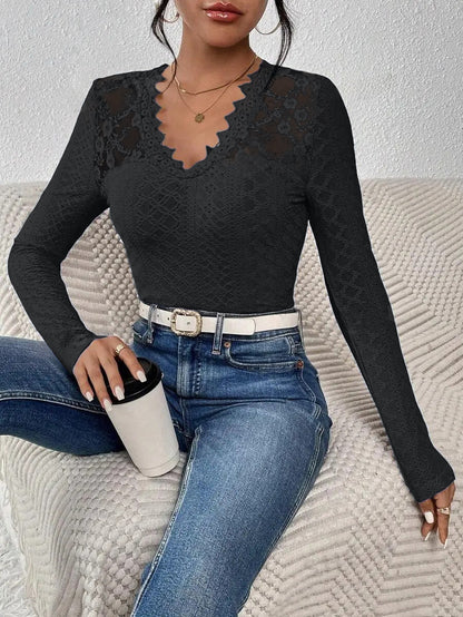 V-Neck Lace Panel Long-Sleeved Top