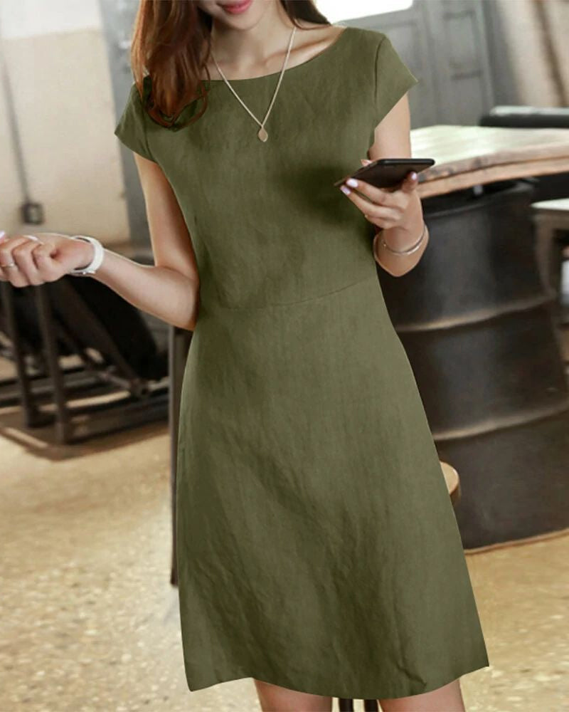 Cotton and linen solid color  short-sleeved dress