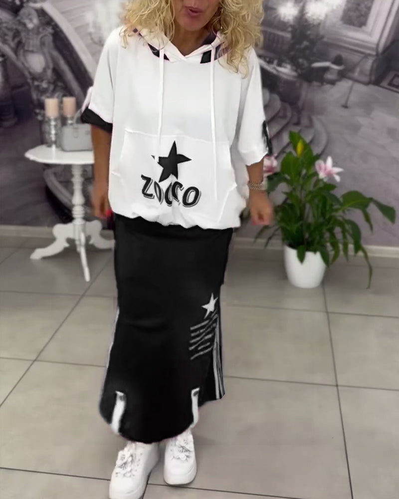 Hooded Drawstring Printed Skirt Set