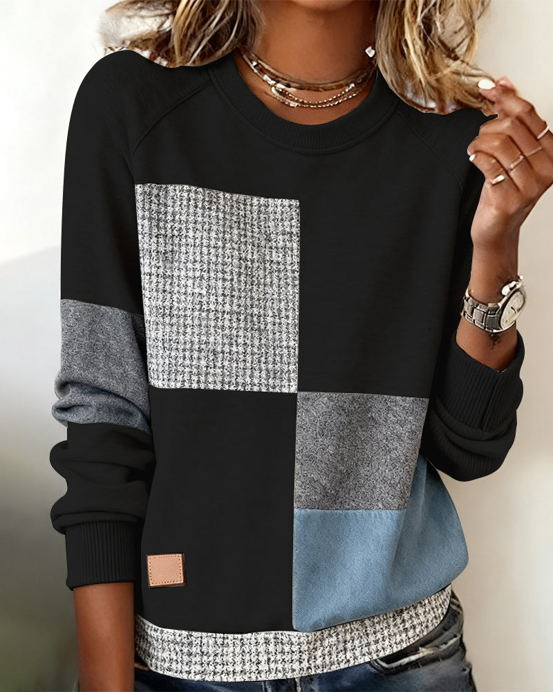 Round Neck Contrast Color Casual Sweatshirt