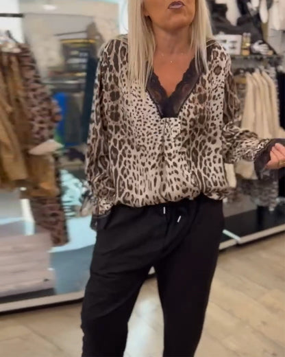 Fashion leopard print V-neck lace patchwork blouse