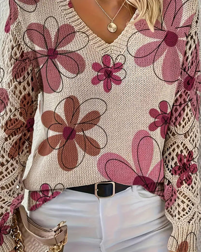 V-Neck Openwork Knit Sweater