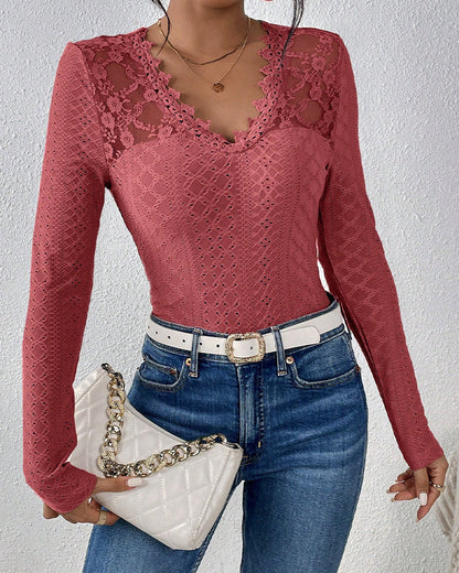 V-Neck Lace Panel Long-Sleeved Top
