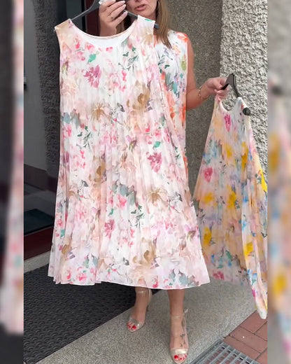 Sleeveless Pleated Floral Dress