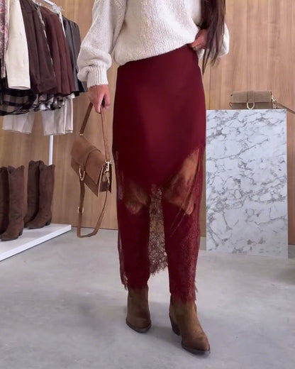 Elegant Satin Lace Patchwork Skirt