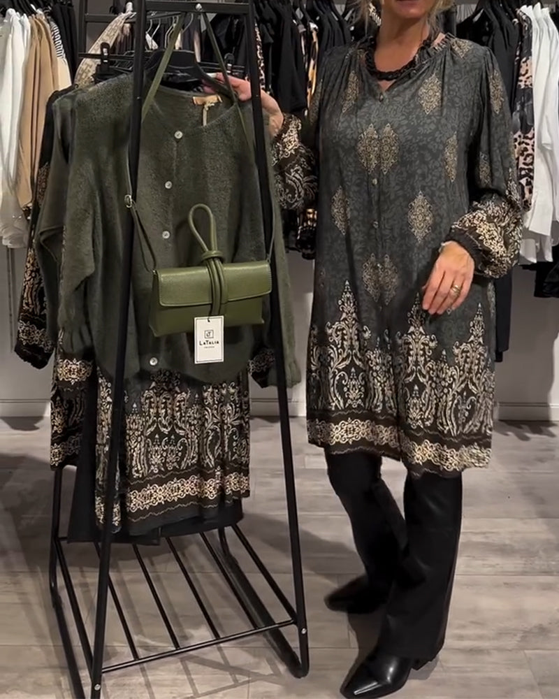 Lapel button-down vintage print dress