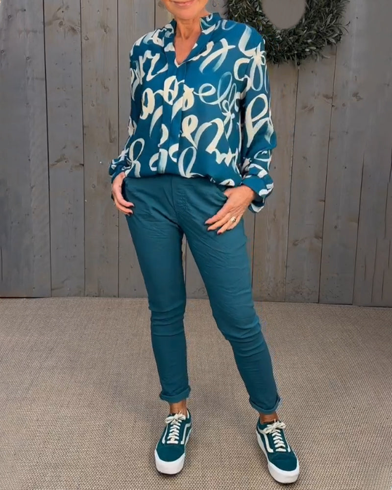 Printed v-neck long-sleeved blouse