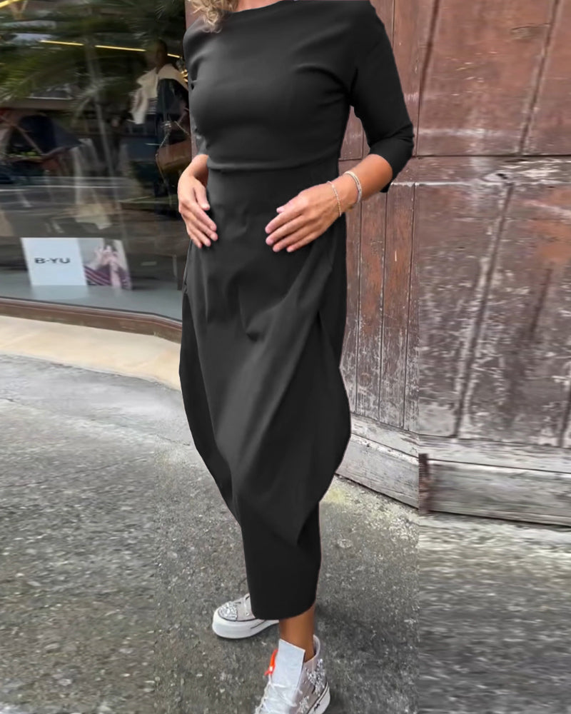 Simple solid color pocket long sleeve elegant dress