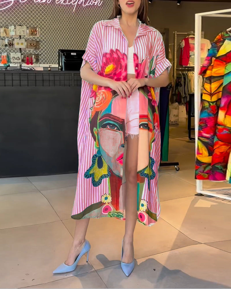 Vertical striped character print lapel slit blouse