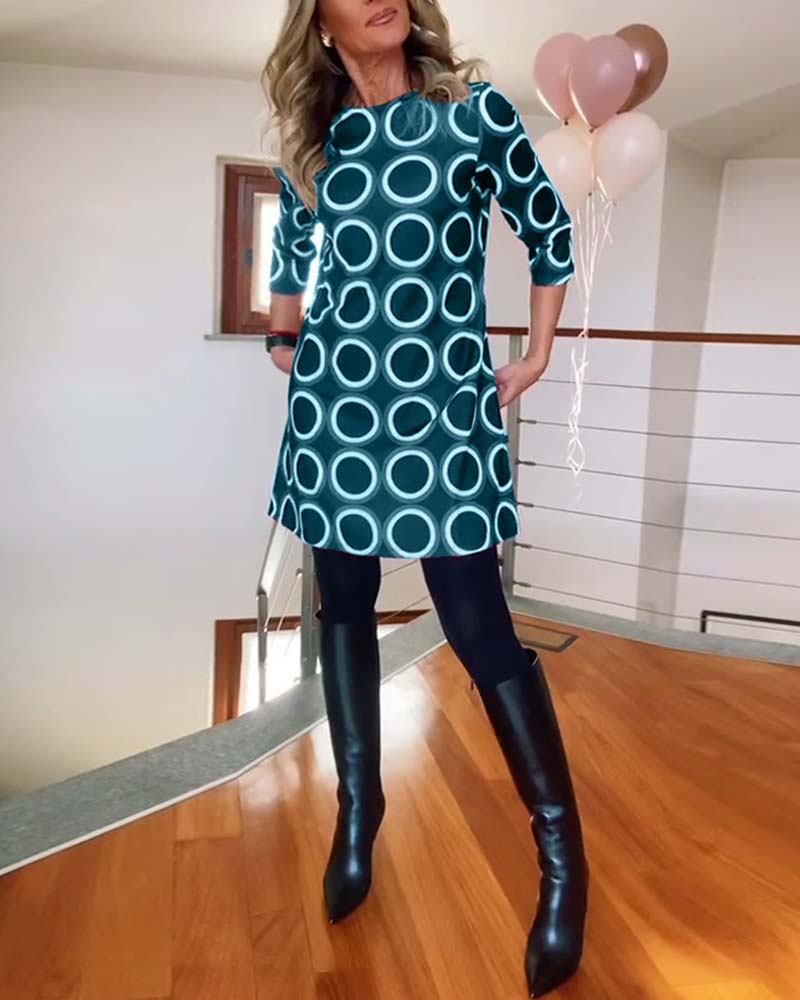 Round neck circle print casual dress