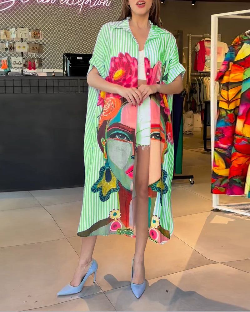 Vertical striped character print lapel slit blouse