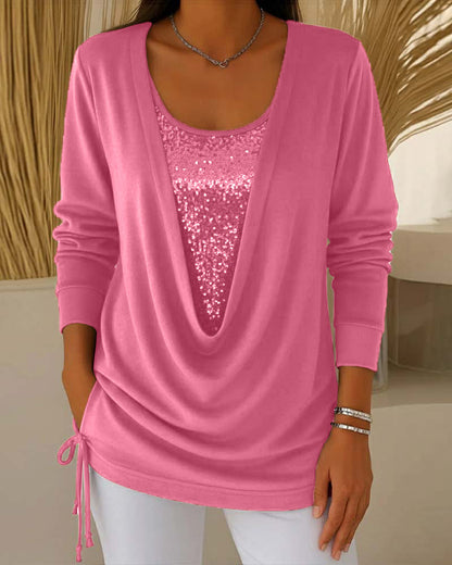 Sequin Contrast Color Faux Two-Piece Top