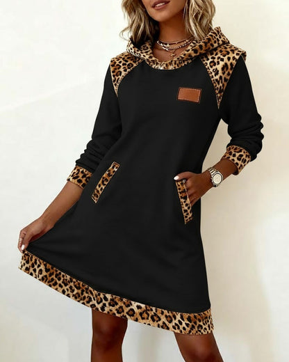 Casual Hooded Leopard-Panel Dress