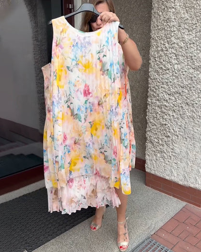 Sleeveless Pleated Floral Dress