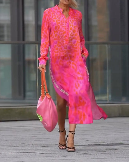 Long-Sleeved Leopard Print Slit Dress