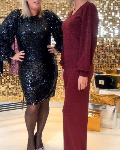 Sequin Long-Sleeve Crew-Neck Dress